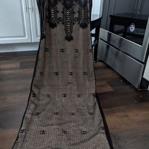 Anthropologie Black Lace-Overlay Maxi Dress with Taupe Underlay
